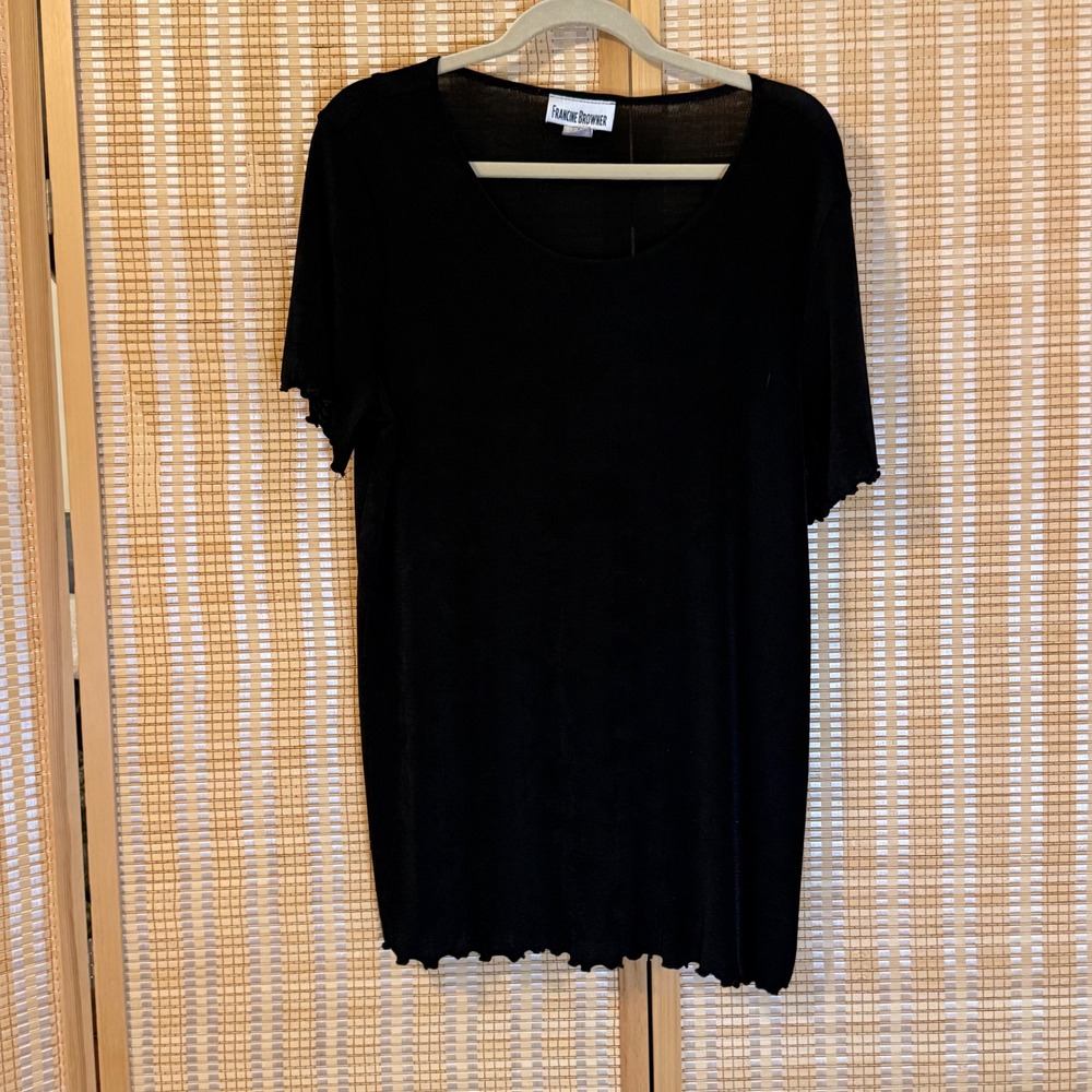 Francine Browner Black Lettuce Edge Scoop Neck Knit Top Short Sleeve Large USA